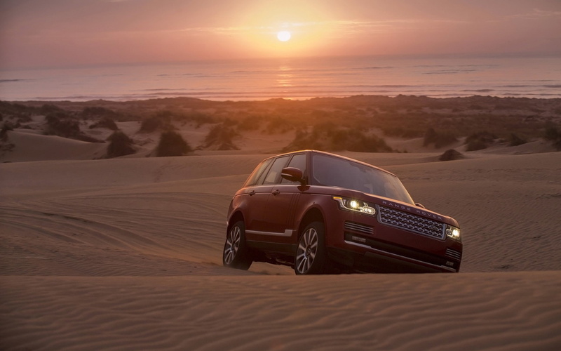 Jeep, Sunset, sand, land, 1080P, horizon, Land Rover, front, background, Rover Ranged, rover