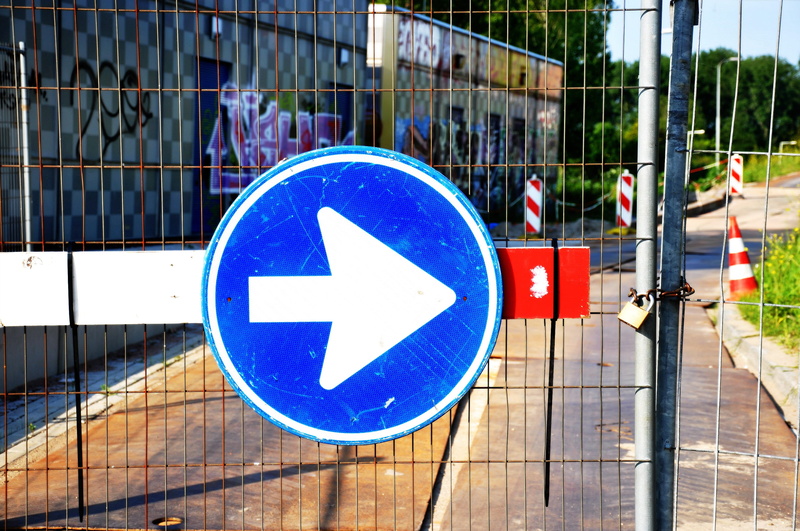 shape, information sign, blue, no people, barrier, guidance, boundary, transport, day, arrow symbol, traffic, street, security, information, outdoors, warning sign