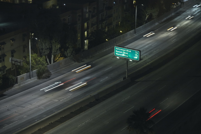 light, lapse, way, architecture, night, hollywood, green, us-101, road sign, sunset blvd, no people, guidance, traffic arrow sign, transportation, canon 5d