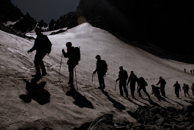 steep wall, climber, cold temperature, real people, glacier, land, group of people, hiking, men, ice, outdoors, mountains, peak, scenics - nature, vacations
