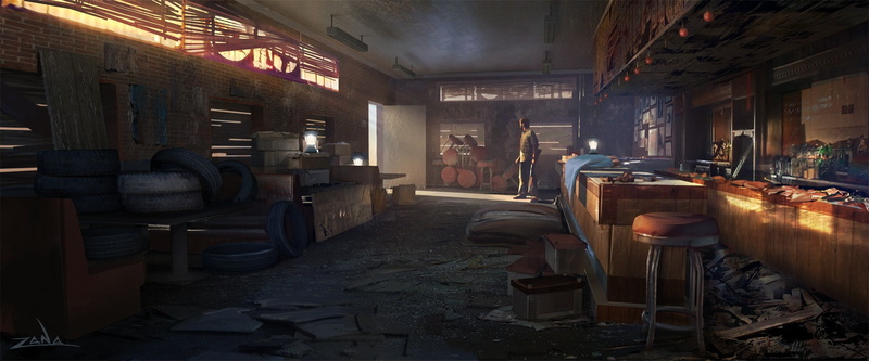 video games, chair, digital art, wood - material, factory, building, table, seat, concept art, no people, indoors, furniture, city, built structure, architecture
