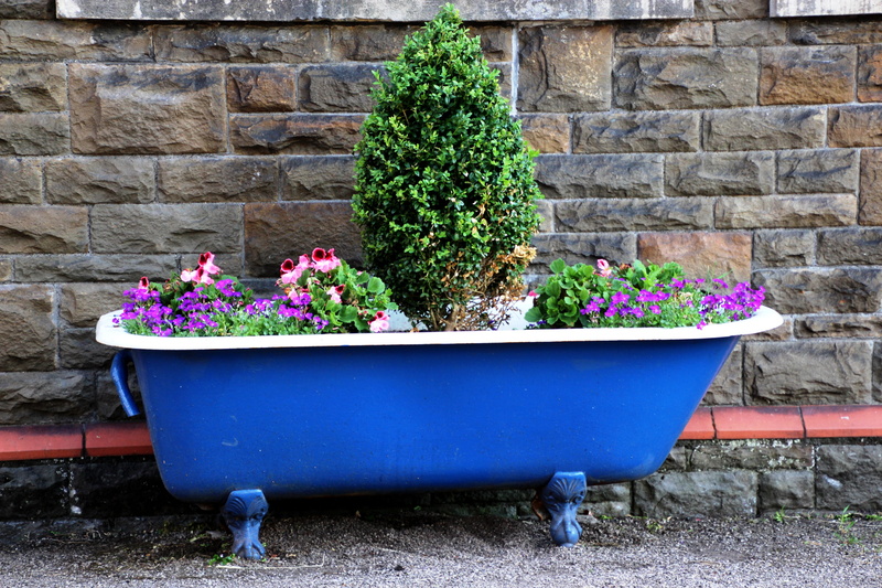 fragility, Garden, summer, botany, brick, blue, no people, wall - building feature, outdoors, flowers, decoration, flower pot, architecture, freshness