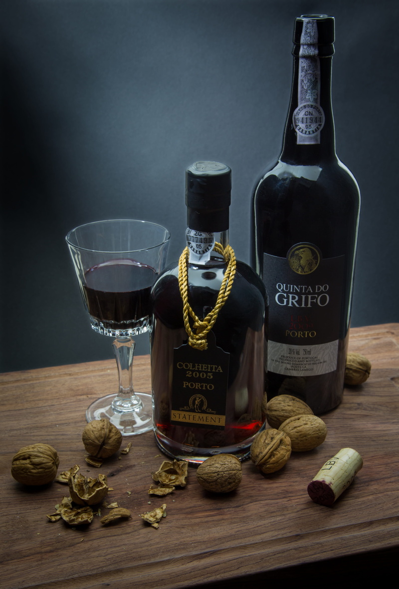 bottle, 4K, indoors, text, studio shot, still life, glass - material, container, dark, nuts, food and drink, wine, porto, communication, food, drink, red wine