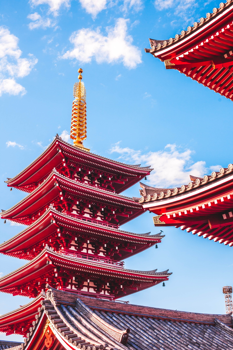 religion, place of worship, cloud, explore, building, 5K, building exterior, outdoors, blue, low angle view, golden, tokyo, travel, spirituality, shrine
