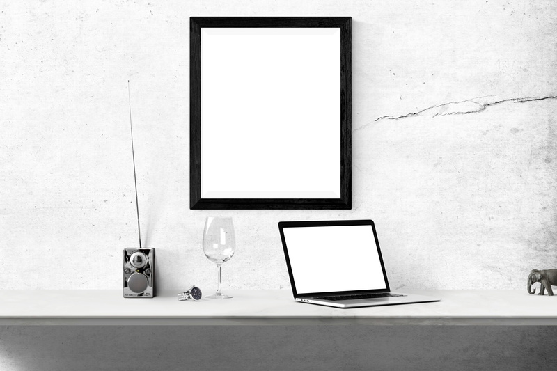 laptop, white color, indoors, wooden, picture, frame, poster, wireless technology, picture frame, stock, table, no people, copy space, presentation, interior
