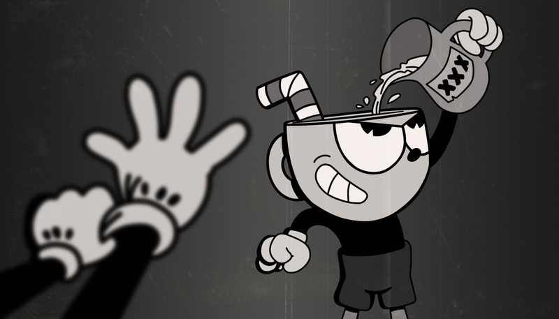 communication, indoors, wall, graffiti, male likeness, design, representation, wall - building feature, close-up, no people, cartoon, 1080P, night, Cuphead