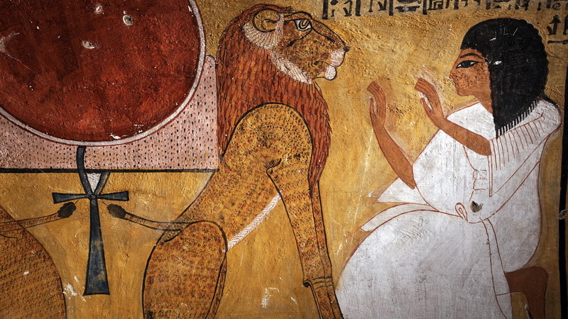 temple, art and craft, one person, ancient history, young adult, music, painting, craft, 1080P, young women, human representation, standing, lion, indoors