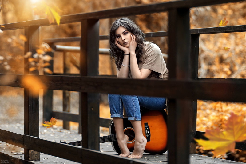 girl, autumn, leaves, 1080P, guitar, Alessandro Di Cicco, bridge, mood