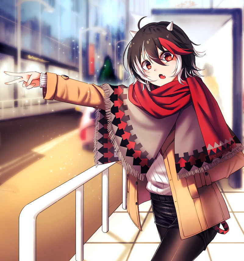 three quarter length, short hair, Kijin Seija , adult, costume, one person, beautiful woman, architecture, 720P, mask, standing, retail display, red eyes