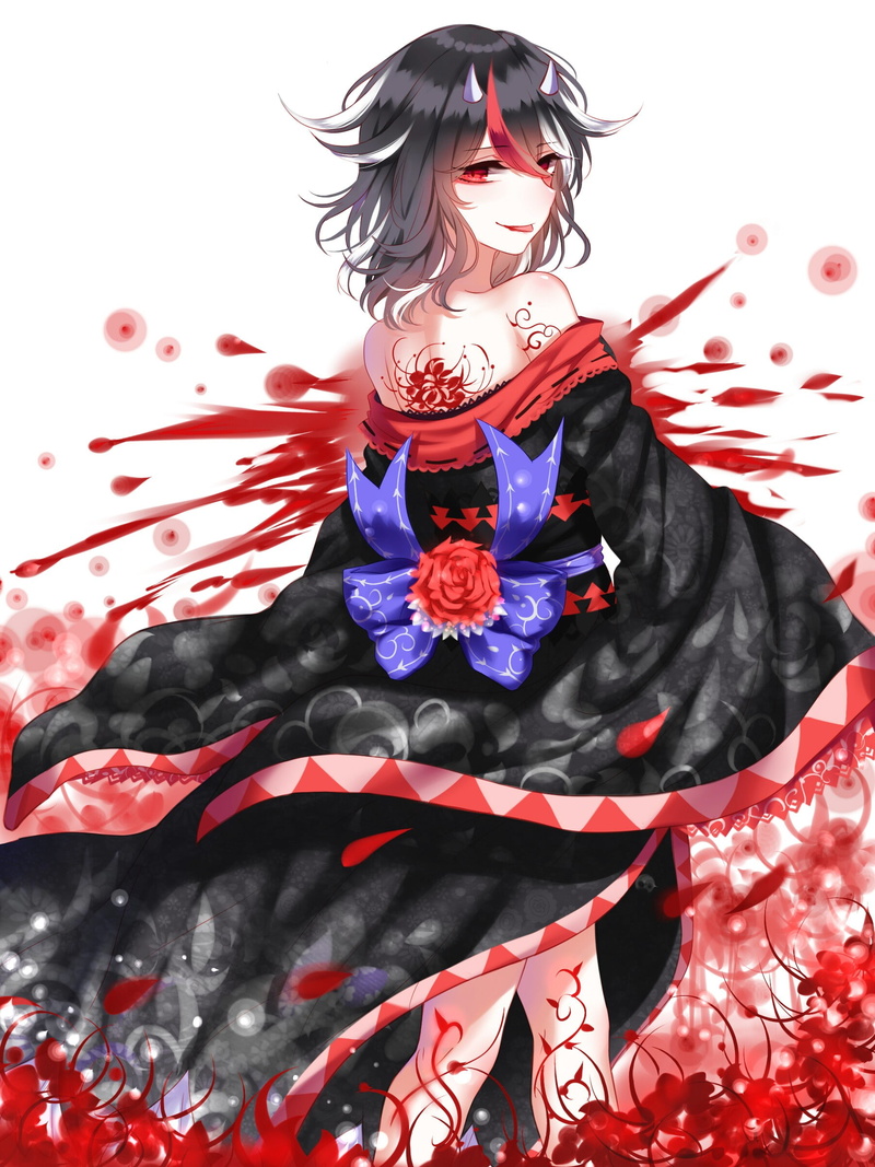 red eyes, 1080P, tattoo, horns, gray hair, Kijin Seija, anime girls, short hair, anime, kimono
