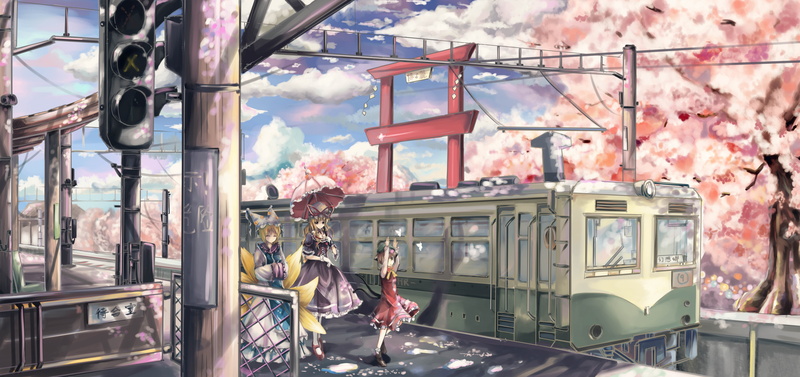 dress, hats, blossoms, scenic, cat, brunettes, tails, touhou, trees, purple, chen, nekomimi, spring, fox, torii, long, video, ears, tail, hair, skyscapes