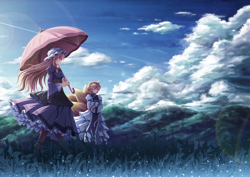 clothing, akashio, real people, clouds, tail, togetherness, day, yukari, field, 720P, full length, holding, cloud - sky, men, adult, two people, people