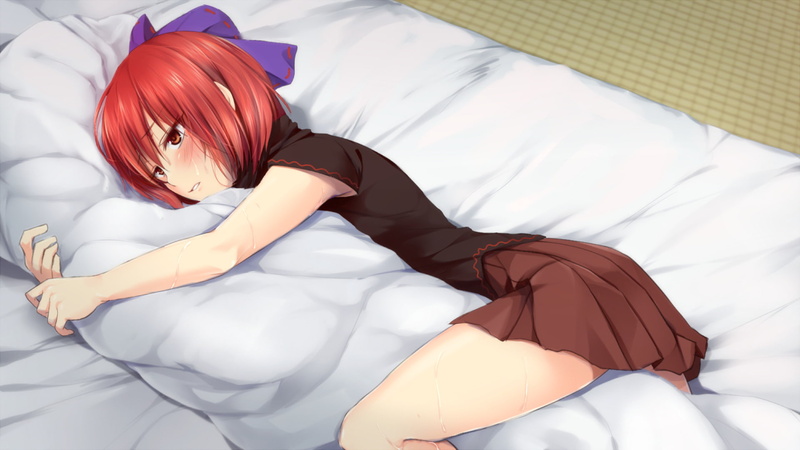 high angle view, bed, relaxation, women, hairstyle, bow (Clothing), Touhou, adult, Short Hair, one person, Anime, young adult, beautiful woman, dyed red hair