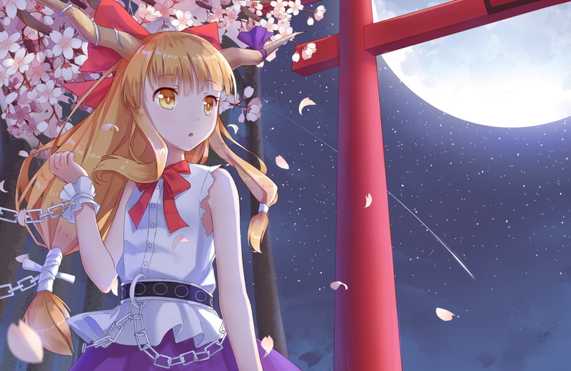 chains, dress, cherry blossom, Moon, night, Ibuki Suika, red eyes, horns, Touhou, blonde, sky, 720P