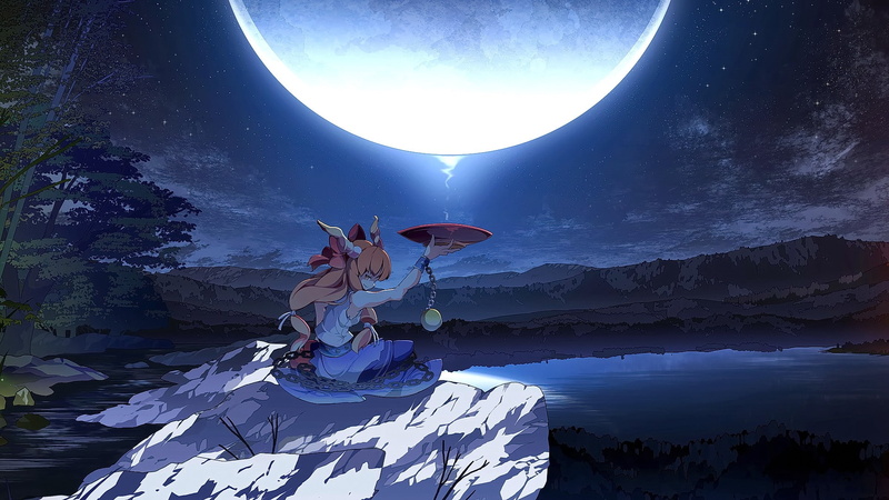 blonde, anime girls, anime, Moon, long hair, looking at viewer, Touhou, smiling, Ibuki Suika, 1080P, night