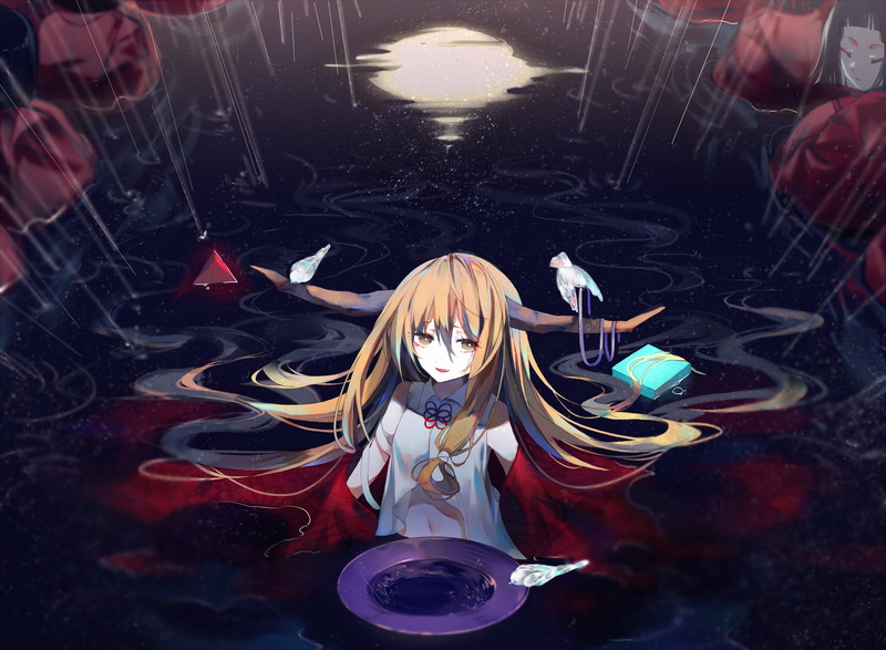 sea, water, spirituality, touhou, vertebrate, animals in the wild, ibuki suika, moonlight, one person, blonde, 1080P, representation, indoors, animal wildlife