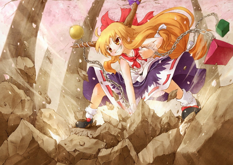 720P, eyes, punch, tree, hair, ibuki, brown, orange, cherry, horns, long, skirt, arinu, bow, chain, touhou, blossoms, suika, socks