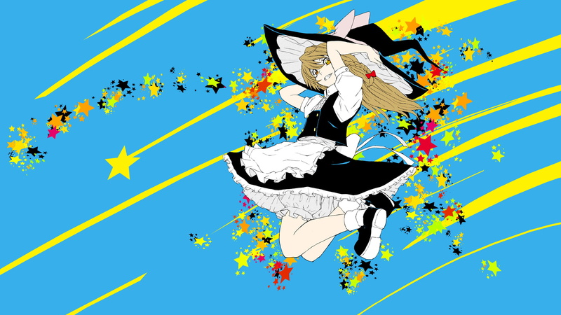 cyan background, cyan, colorful, anime, Touhou, anime girls, 1080P, Kirisame Marisa