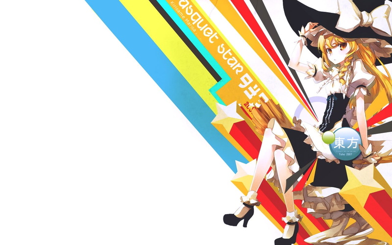 multi colored, studio shot, celebration, Kirisame Marisa, white background, anime, creativity, sunlight, anime girls, day, art and craft, no people, still life