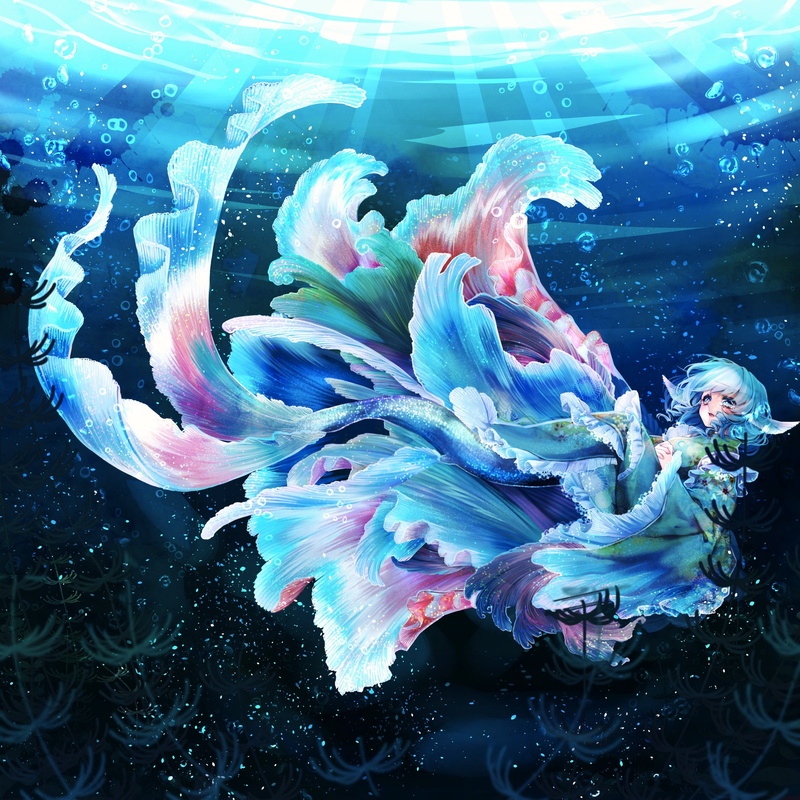 outdoors, water, sea life, anime, Wakasagihime, animal themes, jellyfish, swimming, close-up, sea, Touhou, anime girls, group of animals, beauty in nature