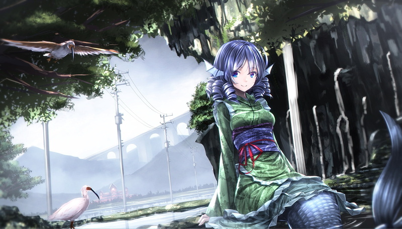 three quarter length, kimono, leisure activity, women, full length, smiling, 1080P, outdoors, Anime, childhood, lifestyles, innocence, Wakasagihime, casual clothing