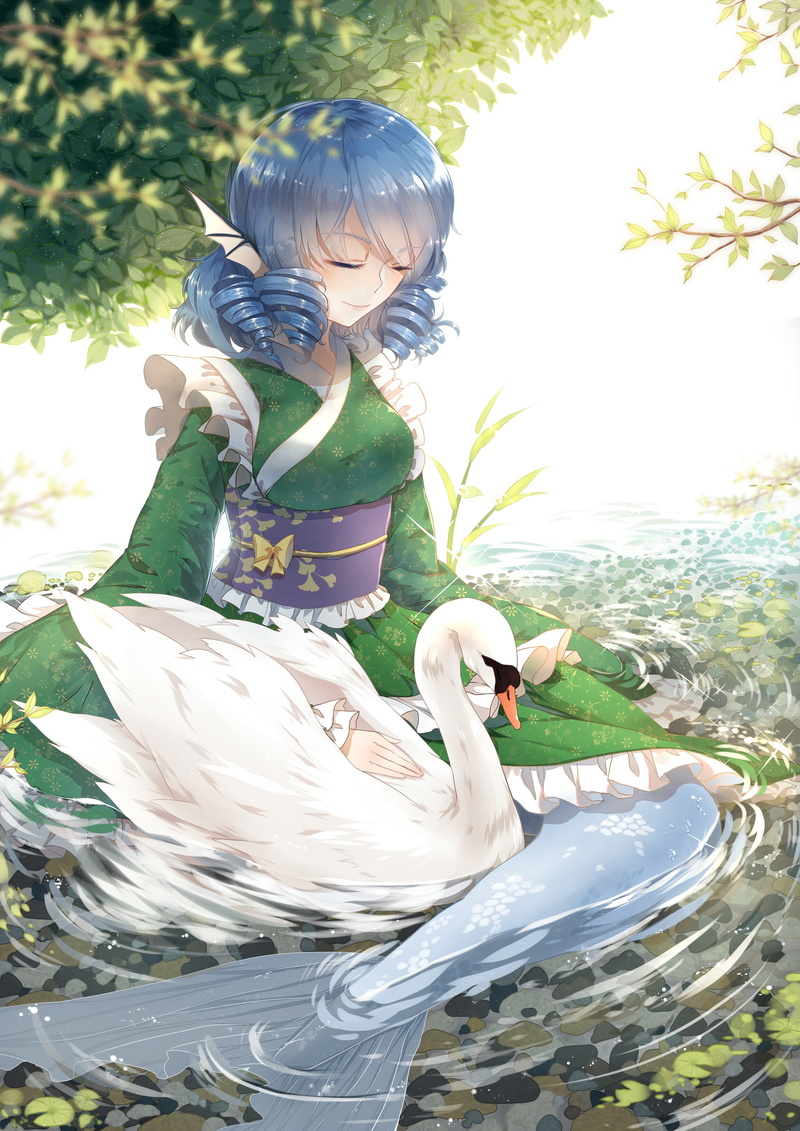 touhou, sitting, 2K, one person, child, closed eyes, casual clothing, outdoors, bird, girls, Anime, innocence, childhood, wakasagihime, plant, leisure activity