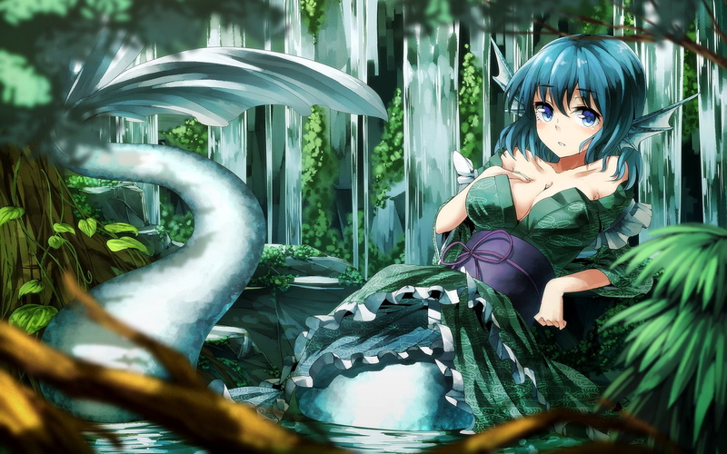 eyes, water, wakasagihime, mermaid, 1080P, clothes, waterfall, blue, hair, japanese, tree, notsu, ibuki, touhou, kimono