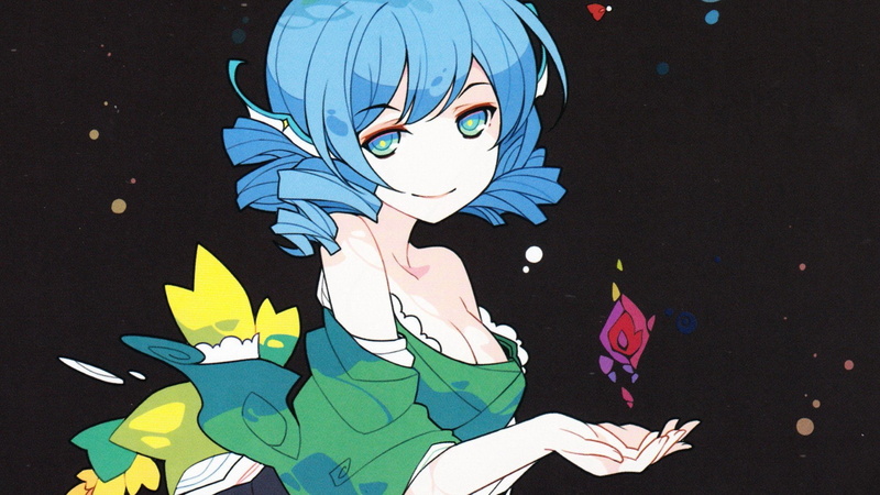 Simple Background, cleavage, blue eyes, green Dress, video games, black background, touhou, Wakasagihime, Blue Hair, Bangs, dress, 1080P, Curly Hair, Short Hair