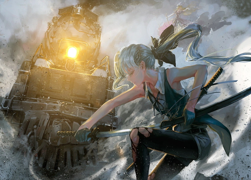 nature, transportation, three quarter length, dust, Konpaku Youmu, Yakumo Yukari, lens flare, working, young adult, 720P, full length, casual clothing