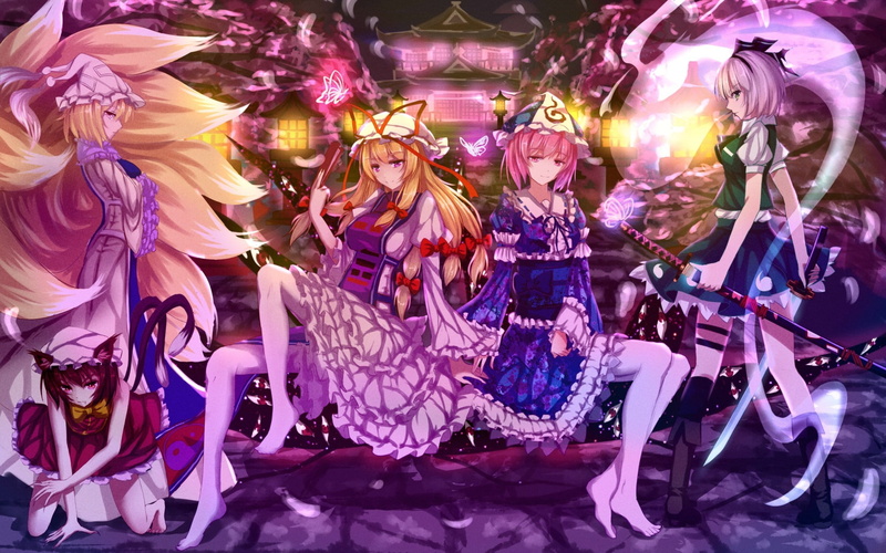 women, illuminated, adult, Yukizuki Sumino, nightlife, art and craft, anime girls, event, fashion, 1080P, clothing, anime, Yakumo Yukari, night, people