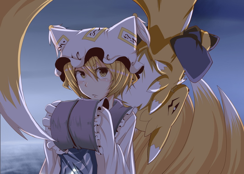 video, japanese, hats, yakumo, yellow, games, dress, blondes, ani, crossovers, hd, clothes, Renamon, ran, touhou, art, eyes, digimon, 2K, anime
