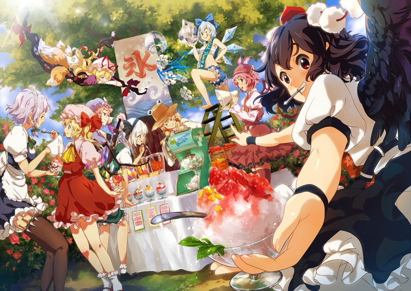 1080P, group, cirno, knife, sky, short, food, yukari, yakumo, thighhighs, ran, tail, cream, bow, hat, tree, flowers, touhou, ice, wings, esha, youmu, konpaku