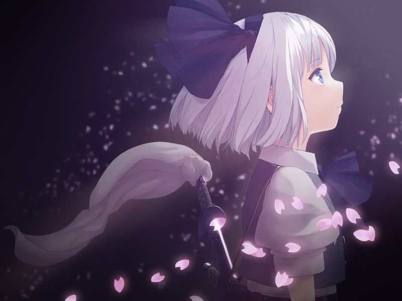 Konpaku Youmu, no people, anime girls, 720P, focus on foreground, representation, motion, nature, Touhou, outdoors, illuminated, costume, studio shot