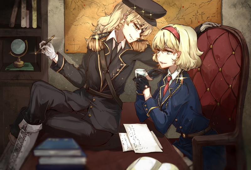 military uniform, lighting equipment, Anime, working, holding, people, high angle view, occupation, front view, alice margatroid, 720P, electric lamp