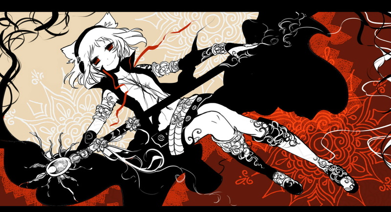 artifacts, staff, white, short, shigureru, kneehighs, toyosatomimi, touhou, eyes, red, gloves, jpeg, miko, 720P, hair, weapon, headphones
