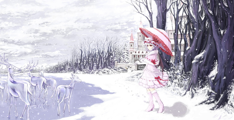 field, day, holiday, winter, tree, land, cold temperature, extreme weather, plant, white color, women, outdoors, one person, warm clothing, Remilia Scarlet