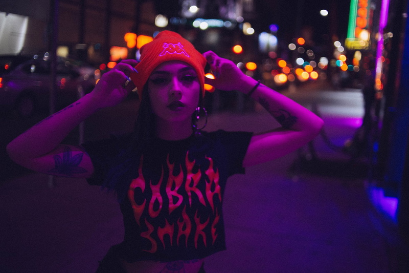 Taylor  White, violet, jean shorts, city lights, depth of field, portrait, women, T-shirt, Lily Taylor, women outdoors, 1080P, tattoo