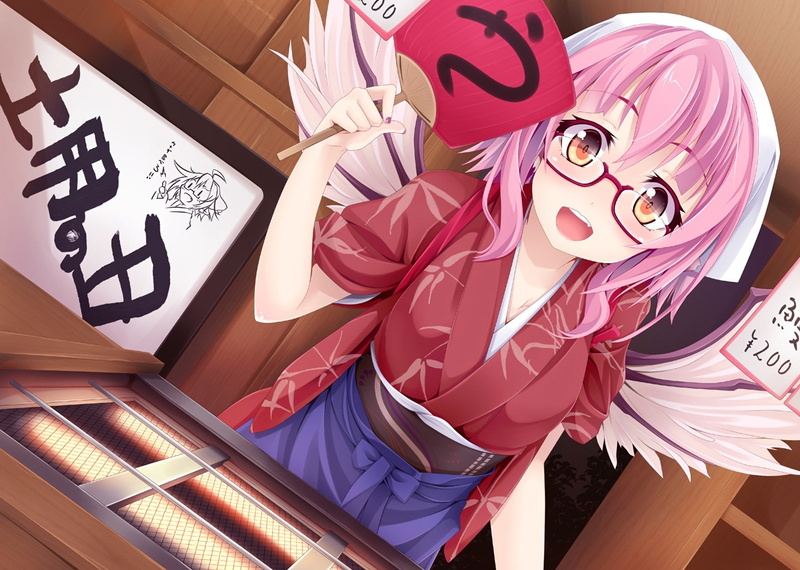 Japanese clothes, kimono, Touhou, anime, wings, Mystia Lorelei, pink hair, orange eyes, anime girls, glasses, long hair, 720P