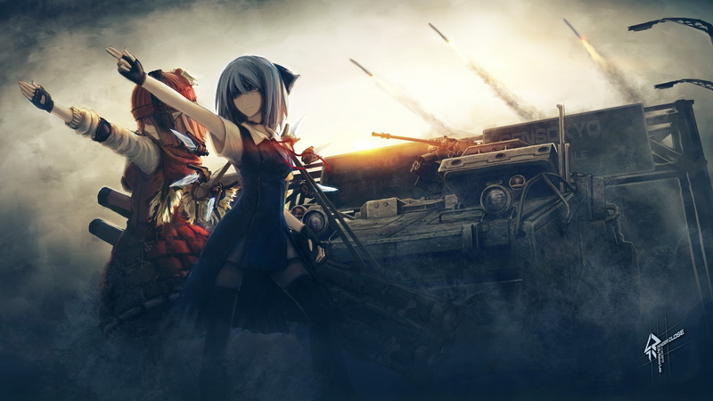 girls, 1080P, lorelei, x, Touhou, art, ears, tanks, military, rockets, cirno, aircraft, long, weapons, wings, anime, mystia, hd