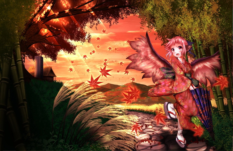 grass, 1080P, clothes, lorelei, eyes, wings, touhou, autumn, pink, short, japanese, hair, mystia, ddfftasogare