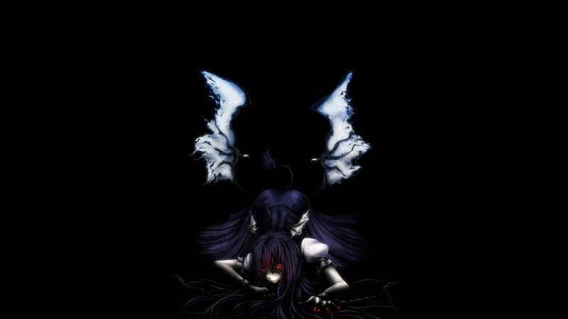 glowing eyes, Touhou, anime girls, creepy, simple background, long hair, dress, 1080P, wings, tail, red eyes, blue hair, Mystia Lorelei