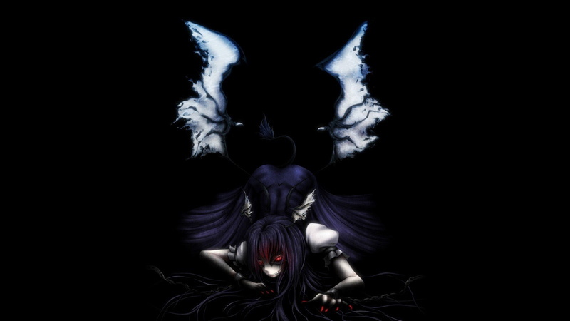 hair, video, nail, long, games, grin, handcuffs, anime, red, creepy, black, wings, mystia, tails, eyes, touhou, background, chains, dress, glowing, simple