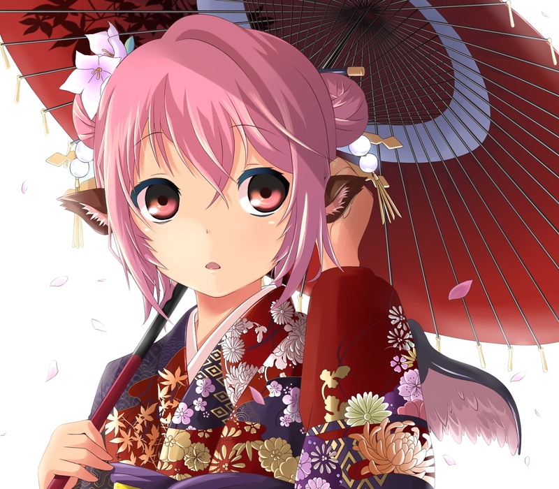people, flow, hair, pink, kimono, 720P, lorelei, animal, umbrellas, flowers, art, eyes, ears, Touhou, short, mystia, wings, hd