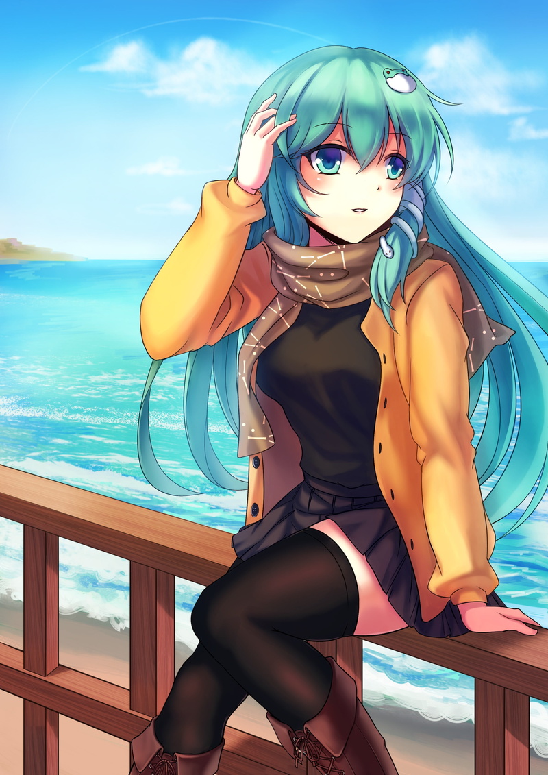 sport, young adult, beauty, females, Kochiya Sanae, anime, fashion, clothing, sea, 2K, one person, beauty in nature, cloud - sky, beautiful people, water