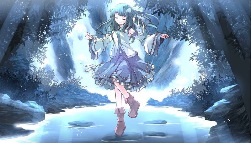 anime, 1080P, boots-green, blue, gril, clothes-kochiya, hair-japanese, forest, hair-miko-risutaru-skirt-touhou-tree-water, sanae-long, dance