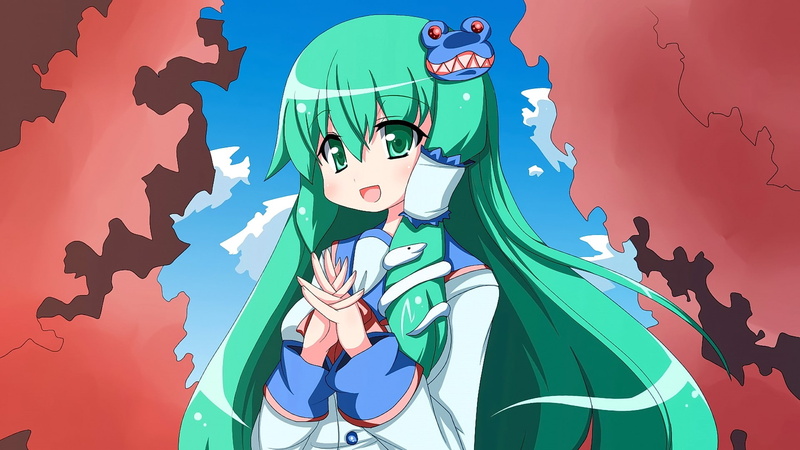 sky, representation, looking at viewer, night, green color, hair ornament, mural, cartoon, adult, green eyes, outdoors, long hair, Kochiya Sanae, people
