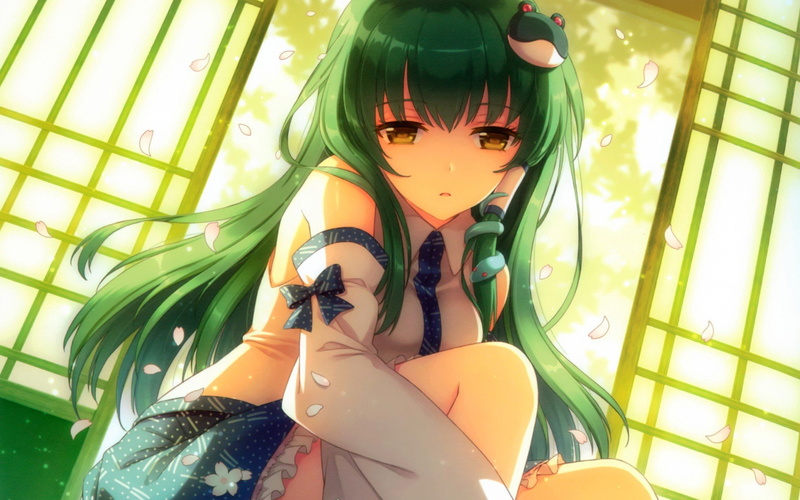 hair, sanae, yellow, kochiya, sleeves, detached, anime, miko, 1080P, eyes, girls, games, clothes, touhou, japanese, video, an2a, green