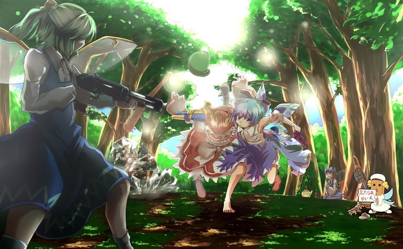 cirno, games, child, milk, guns, touhou, 1080P, weapons, sapphire, lily, fairies, white, luna, sunny, star, daiyousei, video