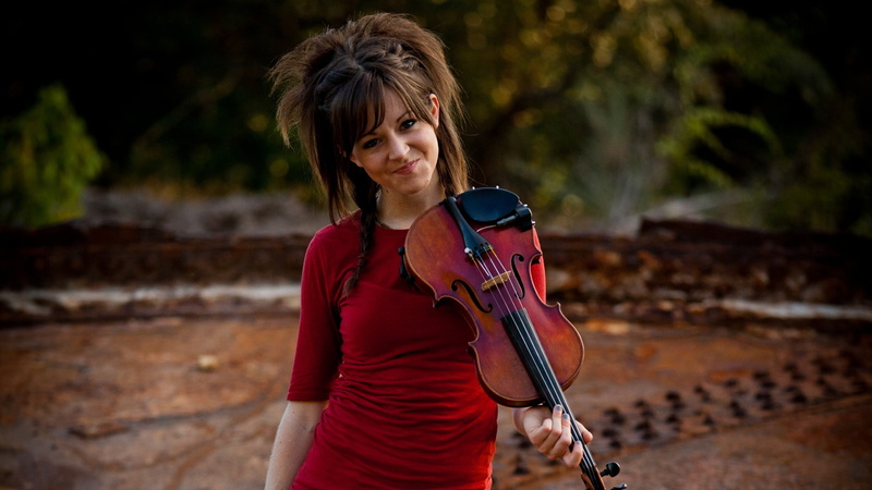 beautiful woman, portrait, 2K, outdoors, musician, violin, holding, red clothing, leisure activity, women, casual clothing, looking at camera, focus on foreground