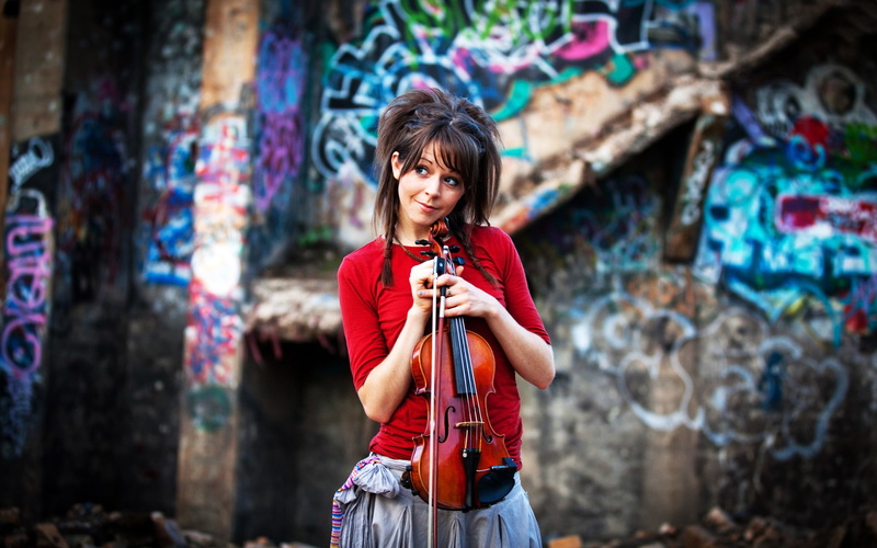 musical instrument, one person, women, cyan, hair, graffiti, bangs, front view, focus on foreground, adult, hairstyle, holding, outdoors, standing, violin